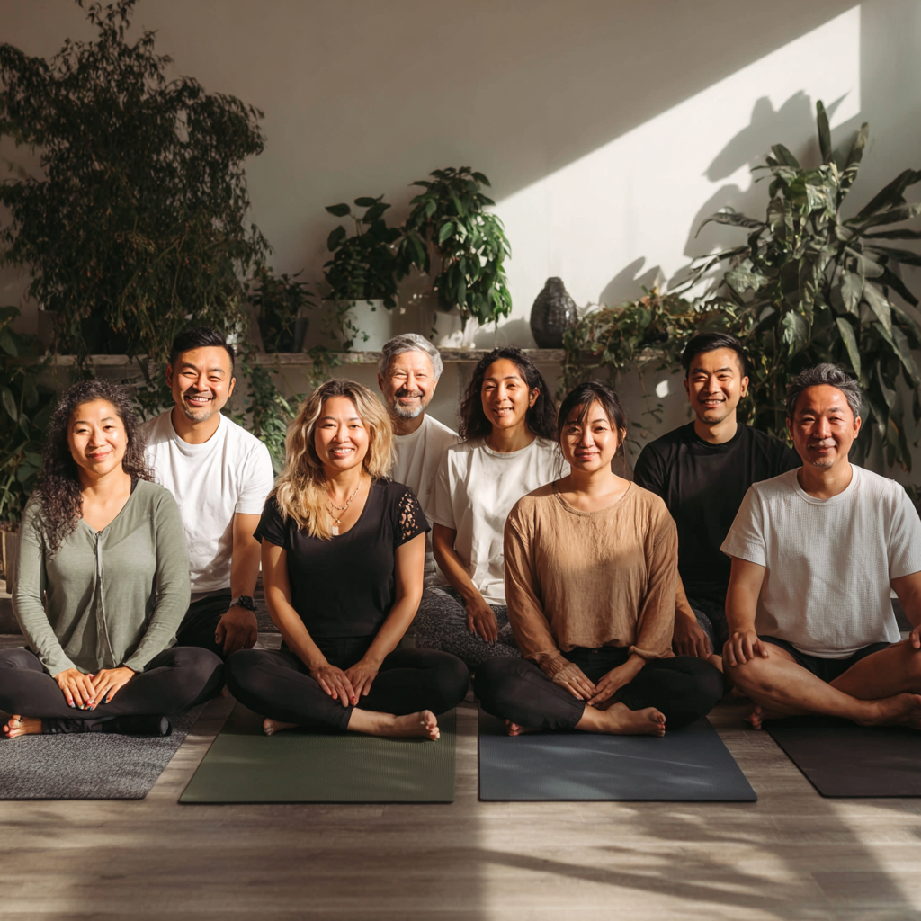 Smiling middle-aged Uzbek woman practicing breathing exercises in serene outdoor setting with mountains in background