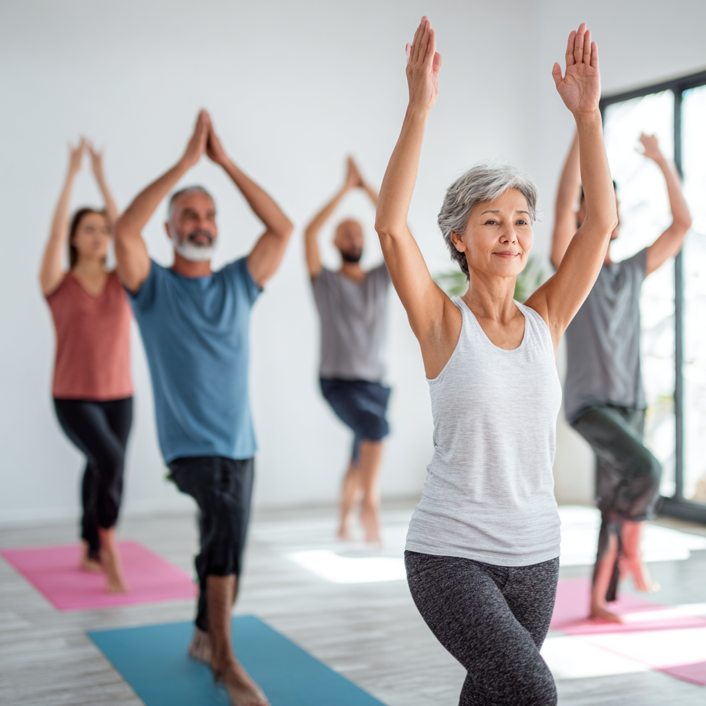 Group of diverse Uzbek adults of different ages practicing gentle yoga movements in bright studio environment